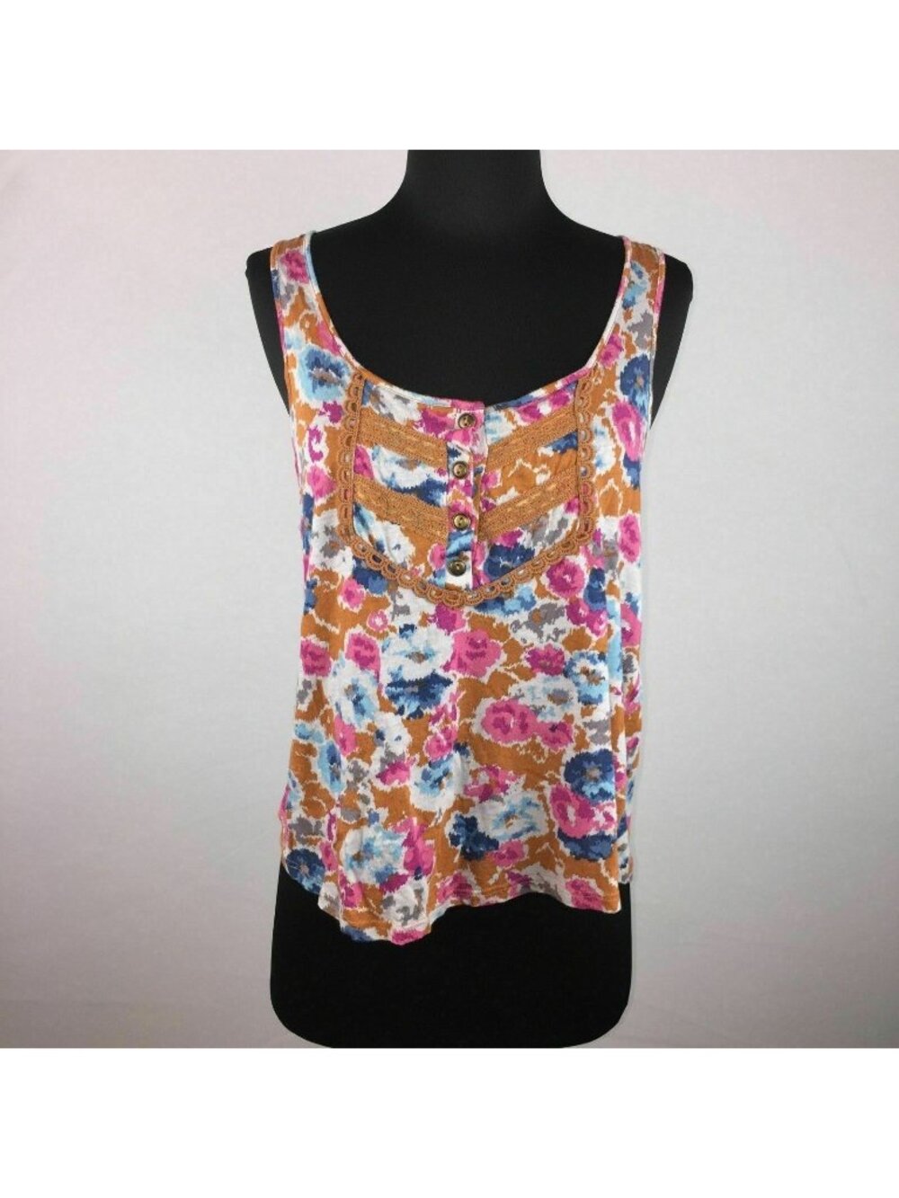 Lush Henley Tank Top Juniors M Watercolor Floral Racerback Summer Bohemian Beach